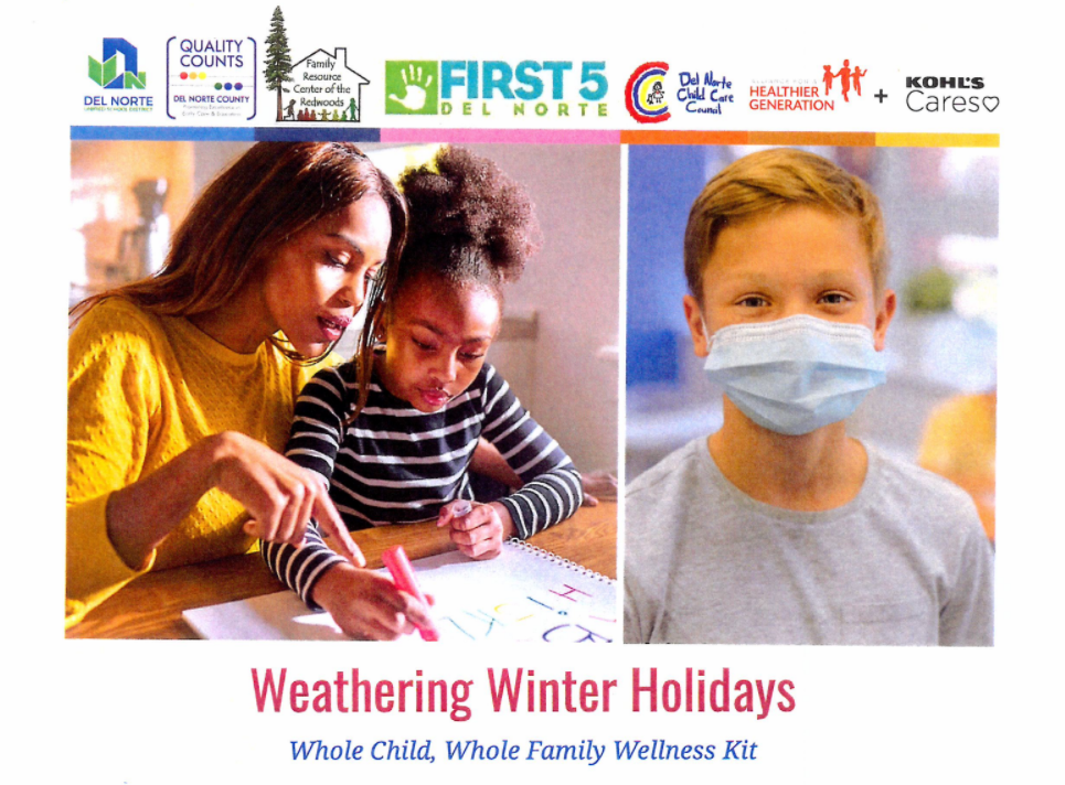 Weathering winter holidays cover pic, parent helping child with writing and a child wearing a protective face covering